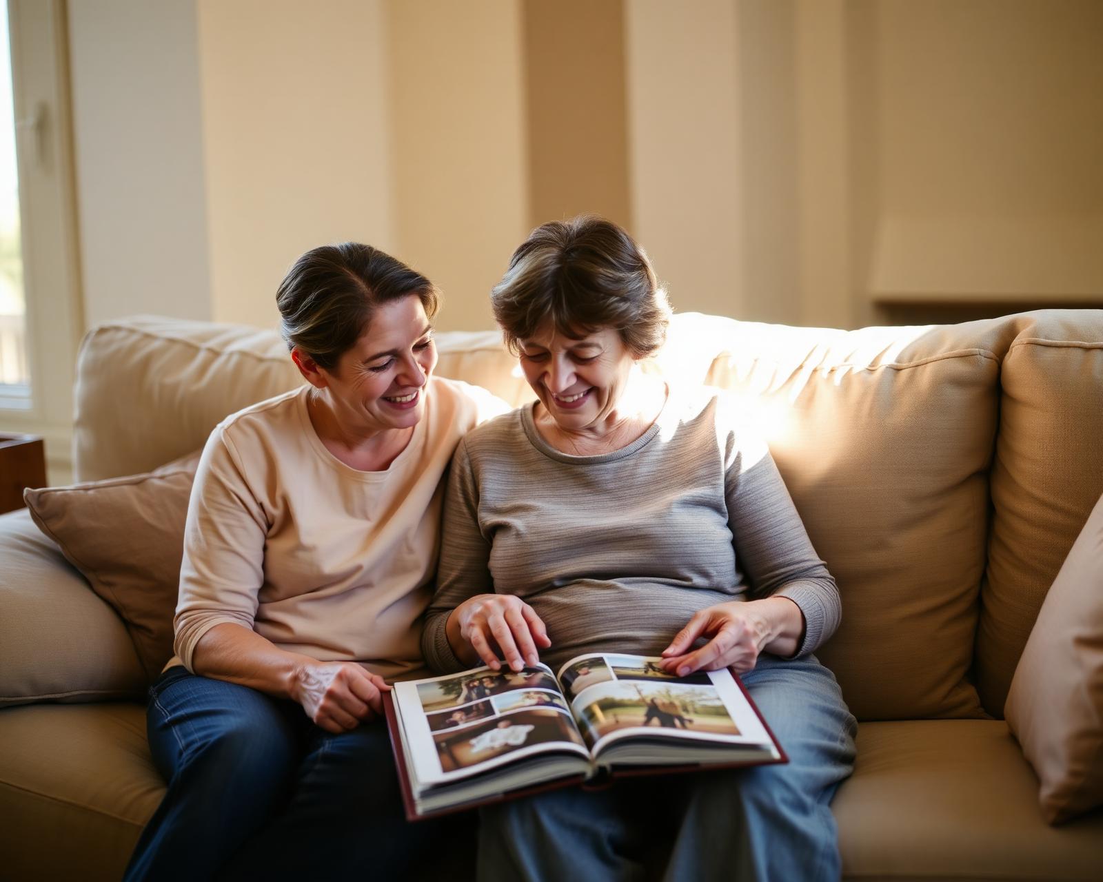 An adult daughter and her mother sitting together looking through a photo album.